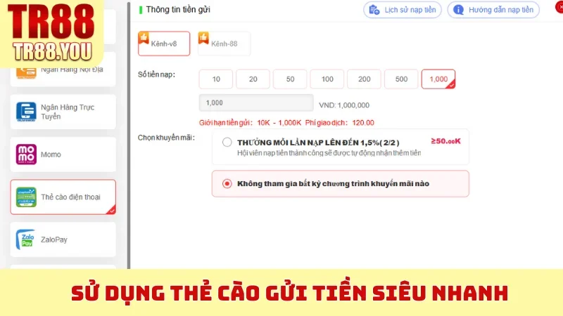 Sử dụng thẻ cào gửi tiền siêu nhanh